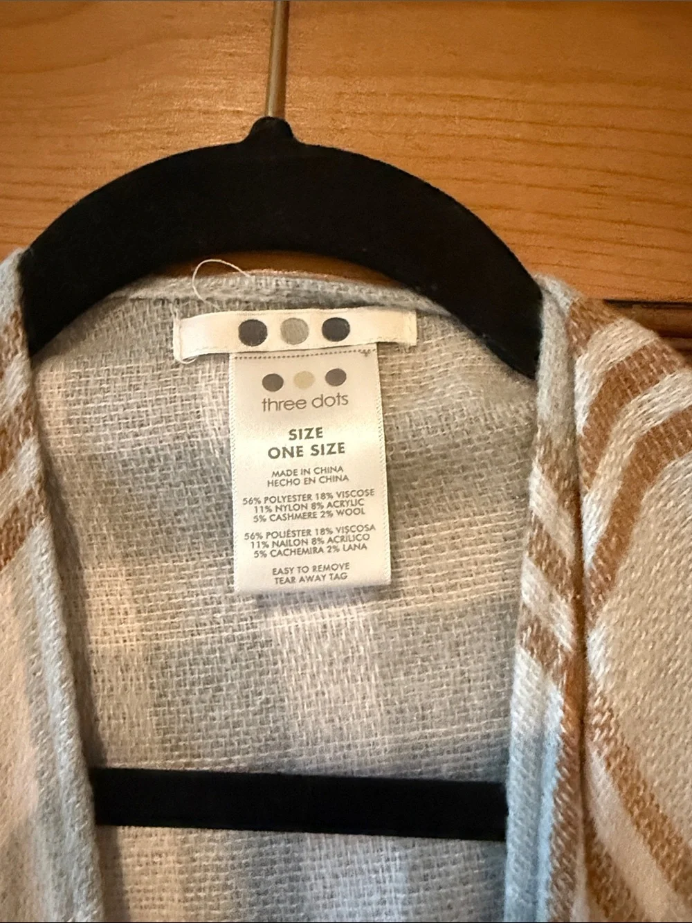 Three Dots Light Blue and Tan Plaid Fringe Wrap